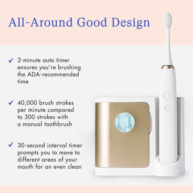 Vanity Planet Elements Ultrasonic Electric Toothbrush - Gold - Advanced Oral Care with UV Sanitizing Charger Base with 3 Replacement Heads - 99.9% Effective Keeping Your Teeth Clean - Image 4
